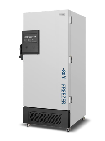 White upright freezer with black control panel and base vent, labeled