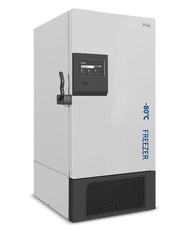 White-and-black industrial freezer with a front control panel and vented base, shown on a plain background