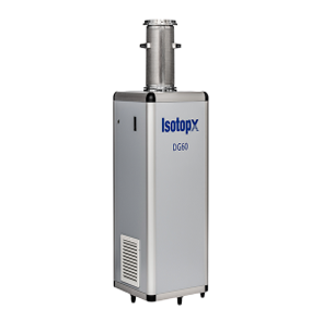 Tall gray industrial machine with a metal duct and blue logo on a white background