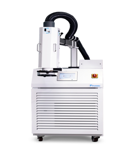 White medical laser machine with screen, hose, and wheels on a plain background