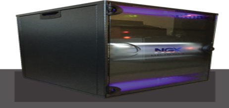 Black computer case with a transparent side panel and purple LED lighting, showing internal components inside.
