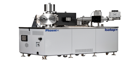 Industrial white laboratory machine with stainless steel components and blue logos on a plain background