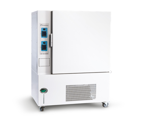 White laboratory freezer with blue controls and vented lower panel on casters