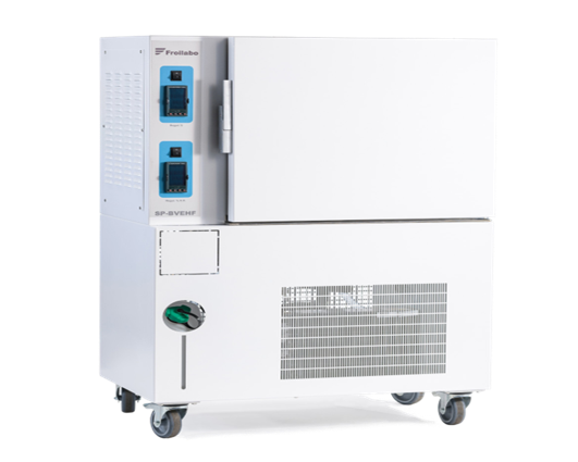 White laboratory freezer with blue control panel and vents on casters