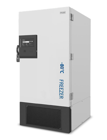 White laboratory freezer with digital control panel and black vented base, labeled “-80°C FREEZER”