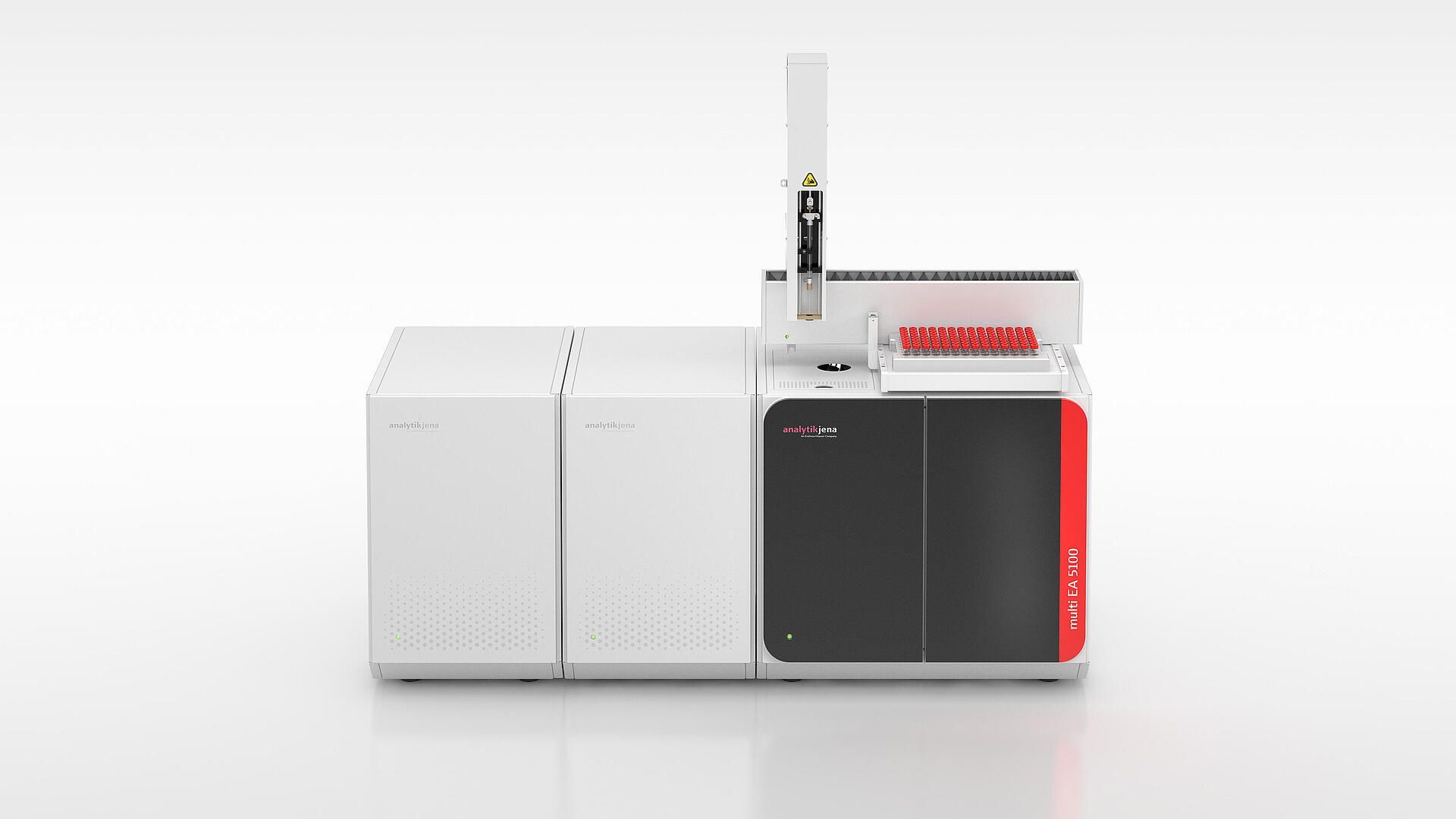 Red and white laboratory device on a plain background