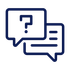 Two blue speech bubbles: one with a question mark, the other with horizontal lines, suggesting a conversation.
