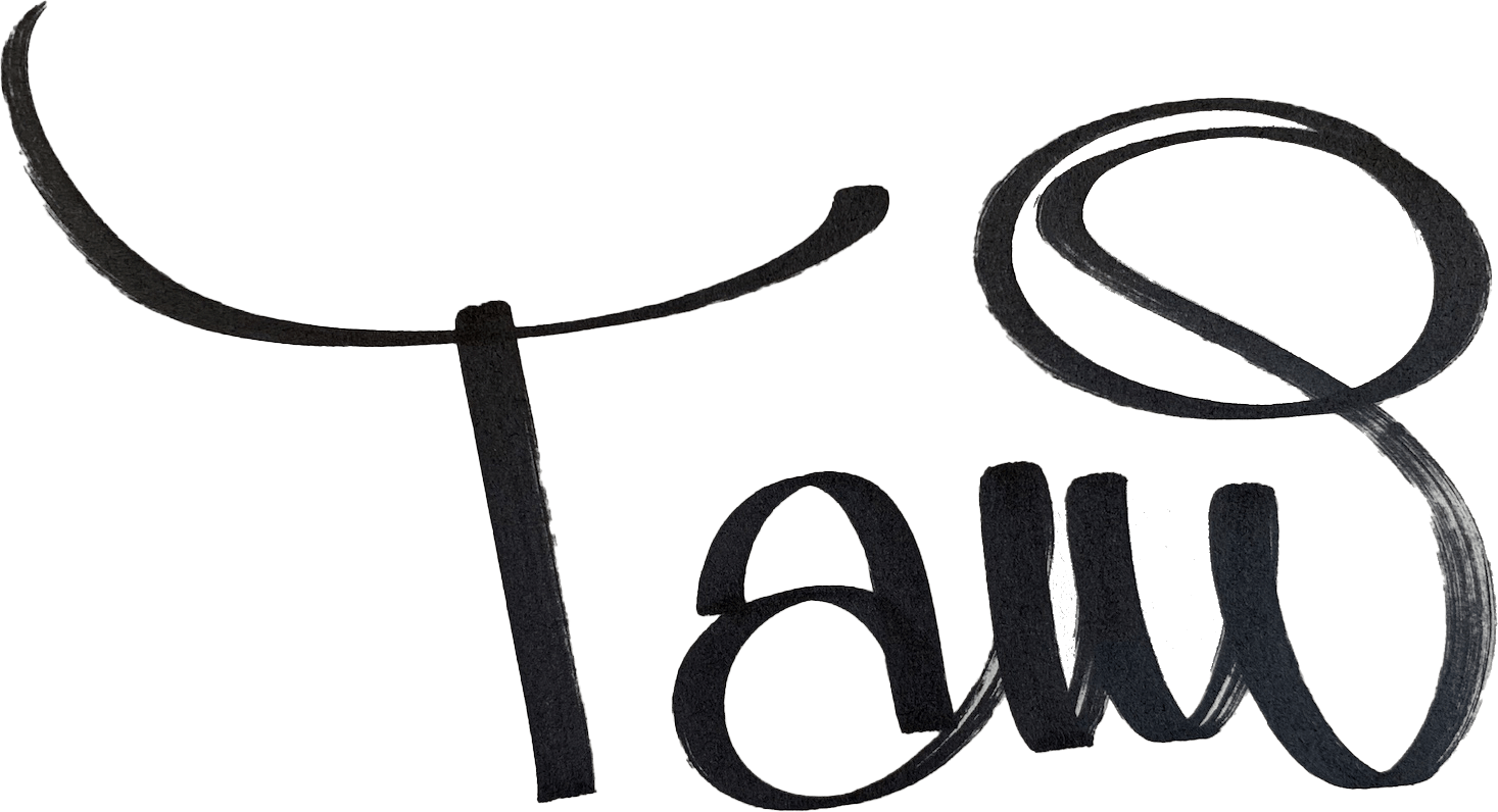 A black and white drawing of the word tau on a white background.