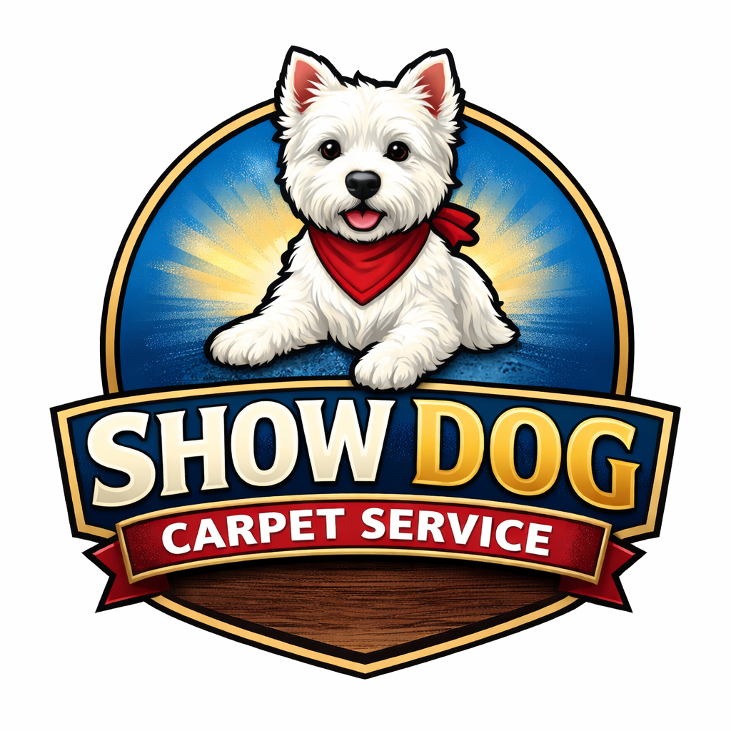 A logo for Show Dog Carpet Service featuring a white terrier with a red bandana, set against a blue background.