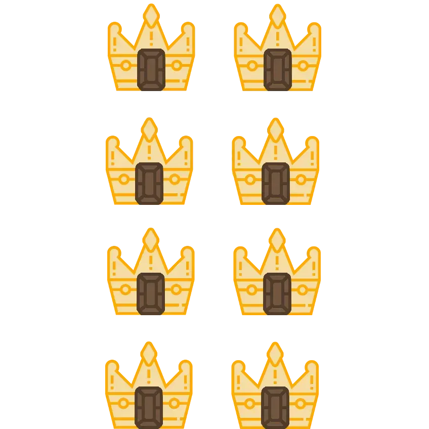 Eight gold crowns with brown gems in a grid.