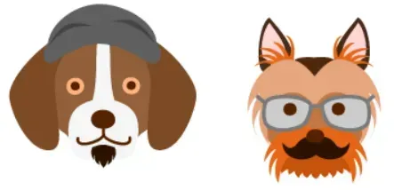 Two cartoon dog faces, one wearing a hat and goatee, the other with glasses and a mustache.
