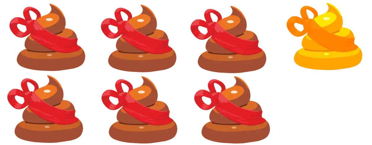 Seven brown turds tied with red ribbons and scissors, one yellow turd.