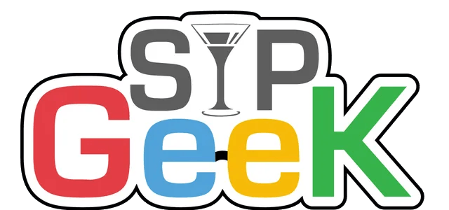 A logo for sip geek with a martini glass in the middle