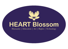 Heart Blossom Logo: Oval with purple background, beige text