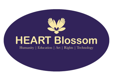 Heart Blossom Logo: Oval with purple background, beige text