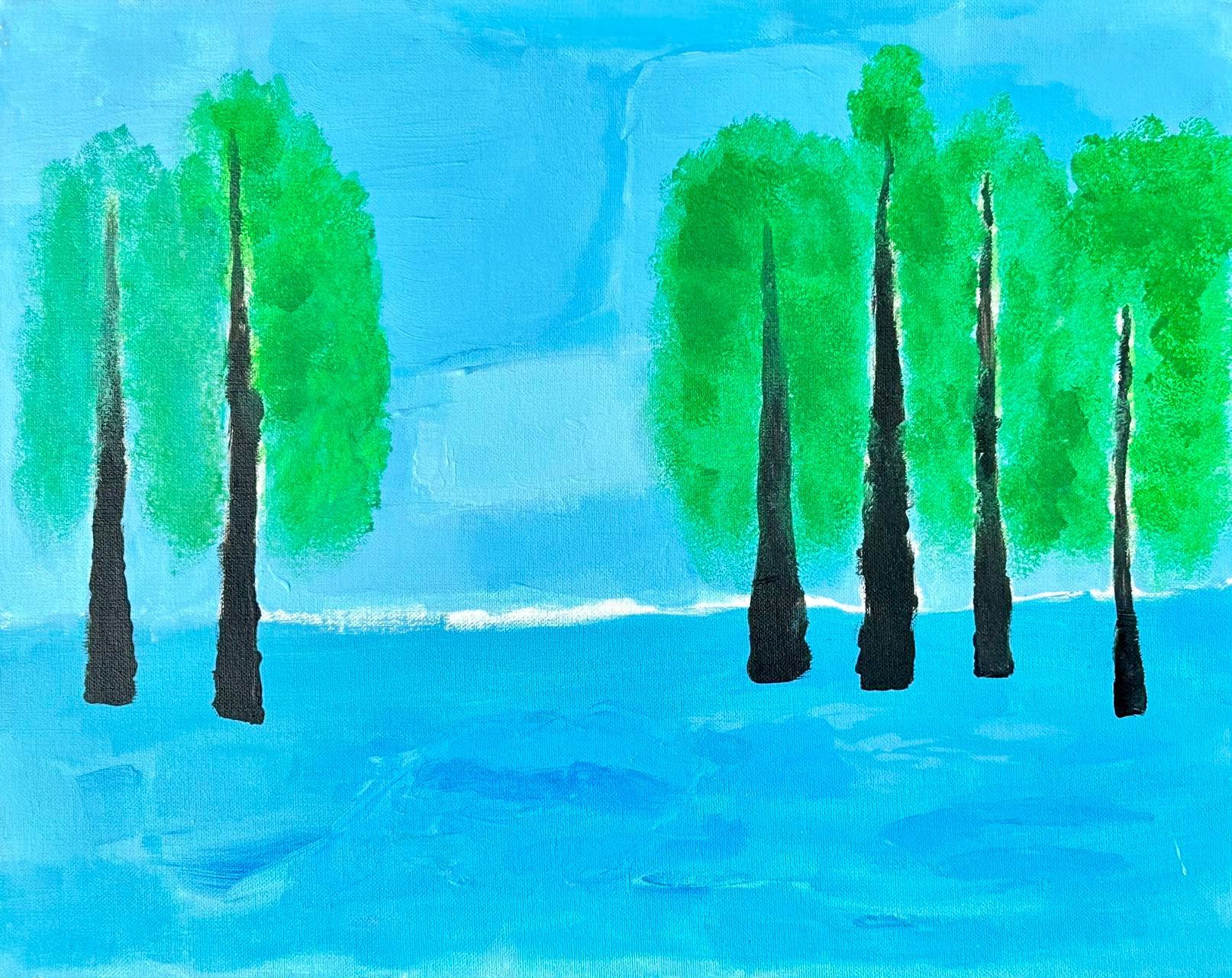 Green-topped trees with dark trunks against a blue sky and water; a simple painting.