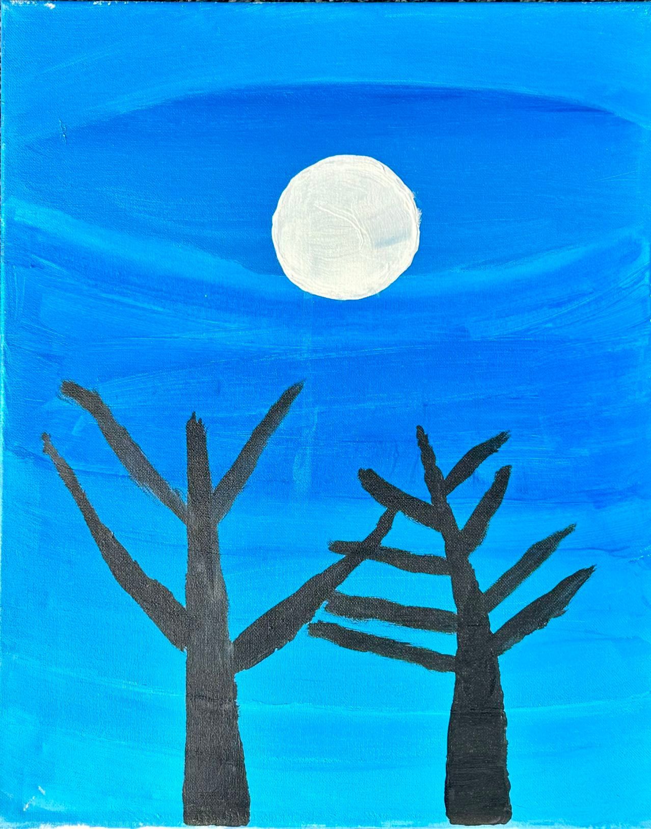 Night scene: white moon in blue sky, silhouetted trees.