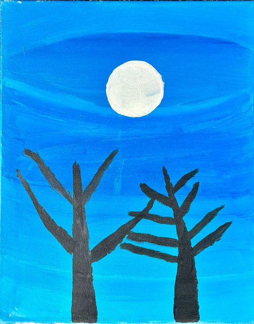 Night sky with a full white moon and two silhouetted trees. Blue background.
