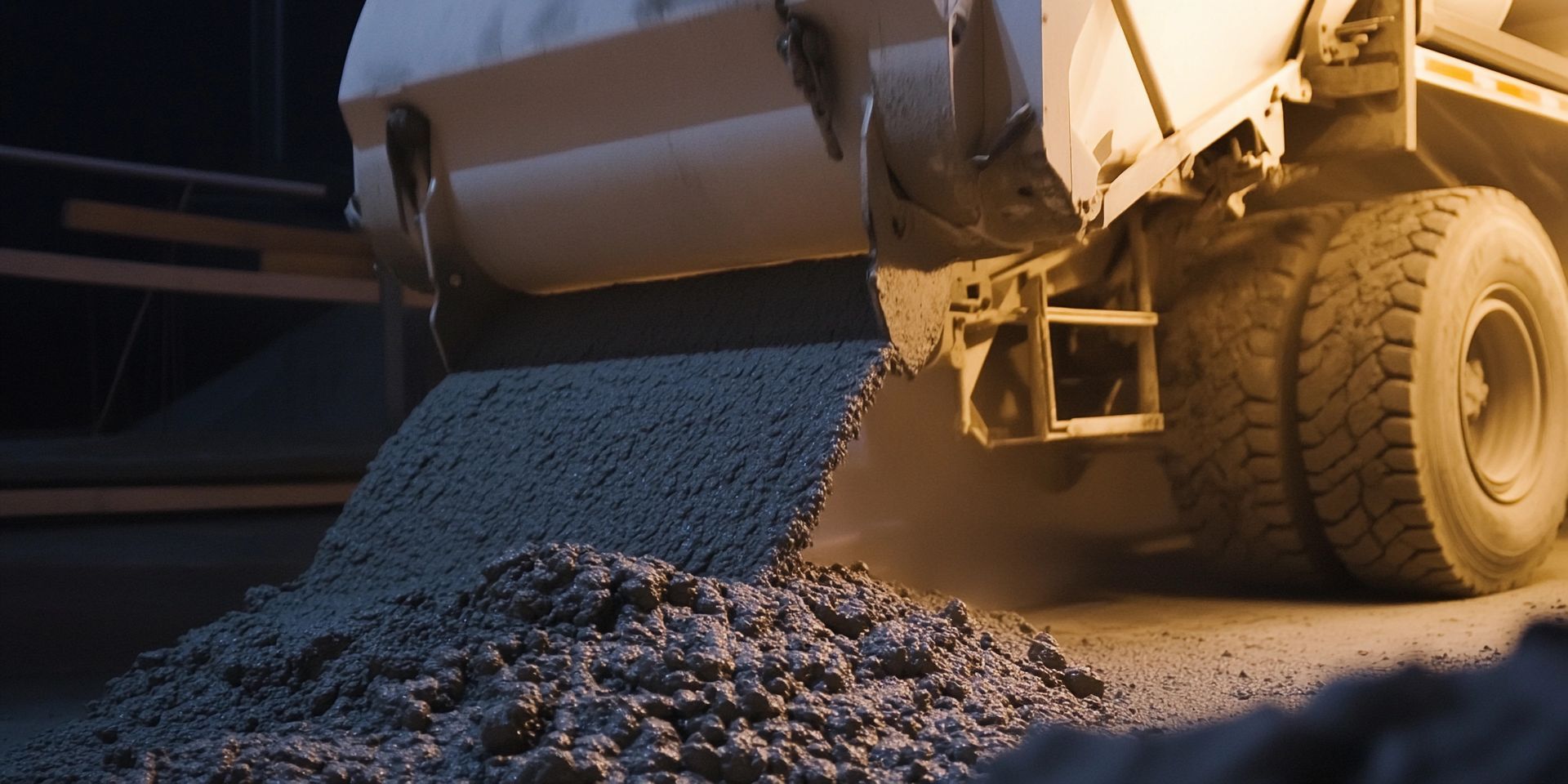Concrete pouring from a mixer truck forming a pile at a construction site. Concrete pouring from a mixer truck forming a pile at a construction site.