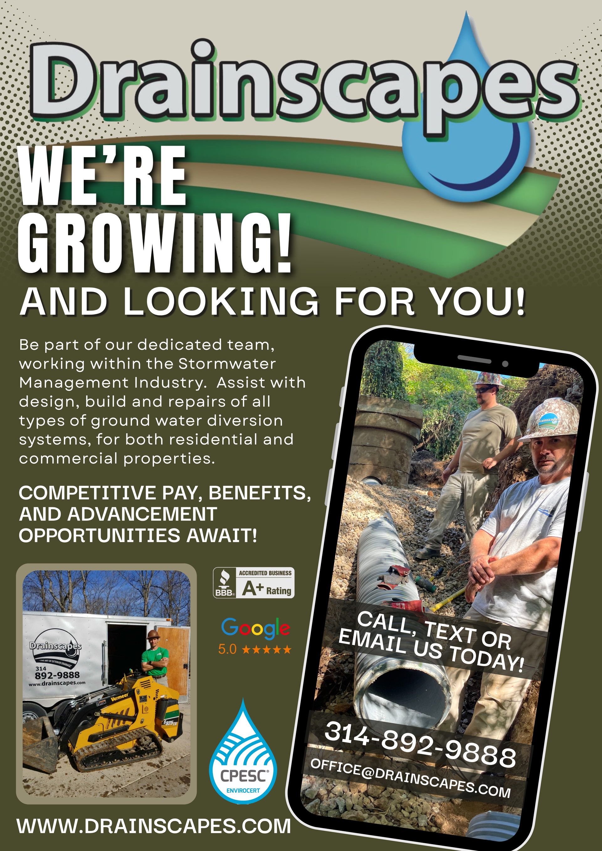 Advertisement for Drainscapes: a company hiring. Phone shows workers installing drainage, with contact info.