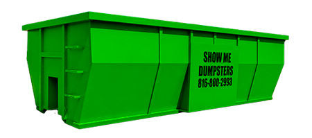 Green roll-off dumpster with Show Me Dumpsters logo