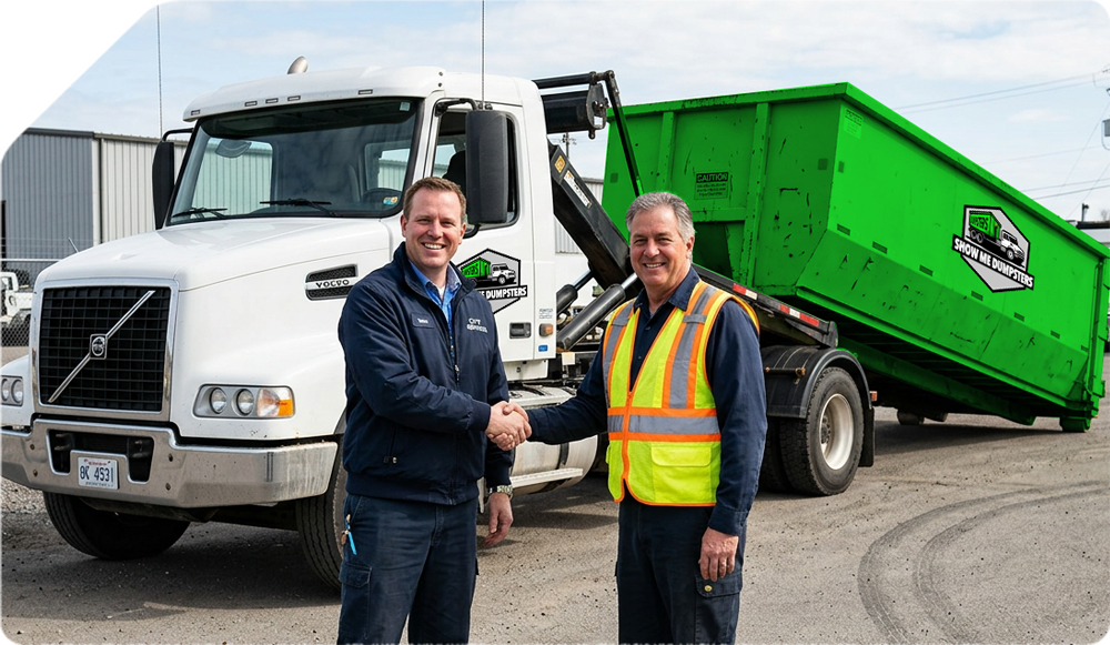 Two men shaking hands in front of a white truck and green dumpster trailer at sunset.