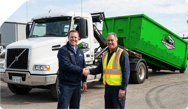 Two men shaking hands in front of a white truck and green dumpster trailer at sunset.