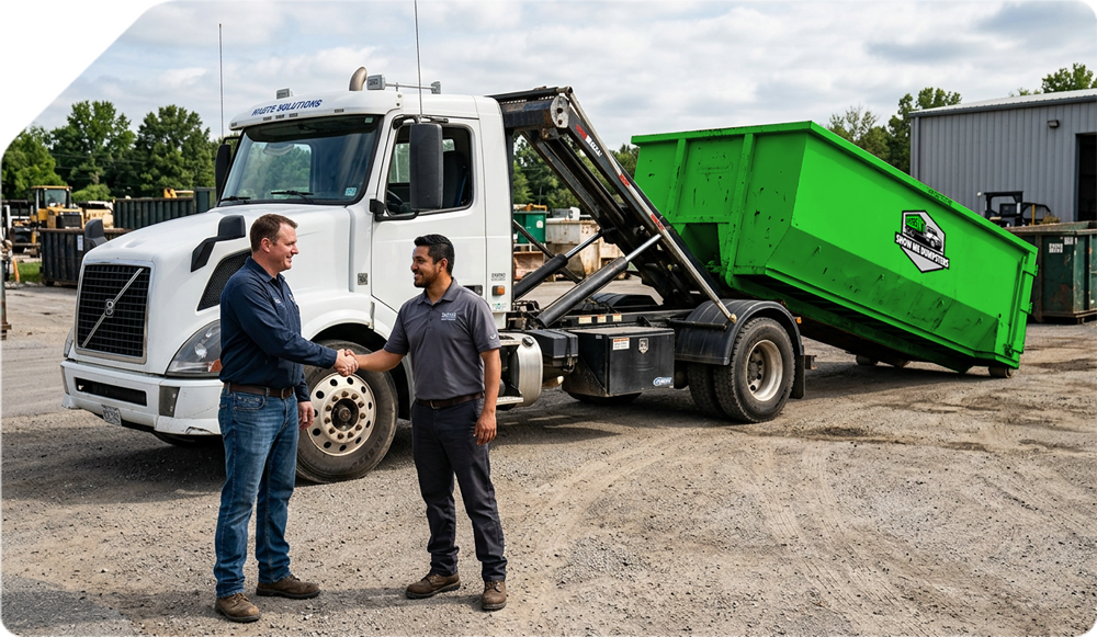 Man standing in front of a green garbage truck under a blue sky