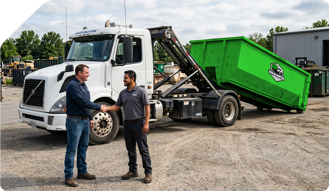 Man standing in front of a white and green garbage truck under a blue sky