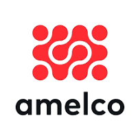 Amelco-logo met een rood abstract symbool boven een zwart woordmerk in kleine letters op een witte achtergrond.