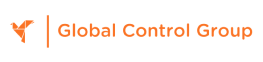 Het logo van Global Control Group in oranje met een gestileerd vogelicoon op een witte achtergrond.