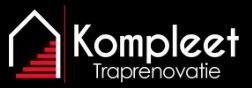Logo van Kompleet Traprenovatie met witte tekst en een rood trapicoon op een zwarte achtergrond.