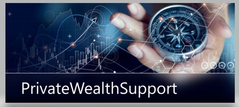 Banner van PrivateWealthSupport met een hand die een kompas vasthoudt boven blauwe financiële grafieken en iconen.