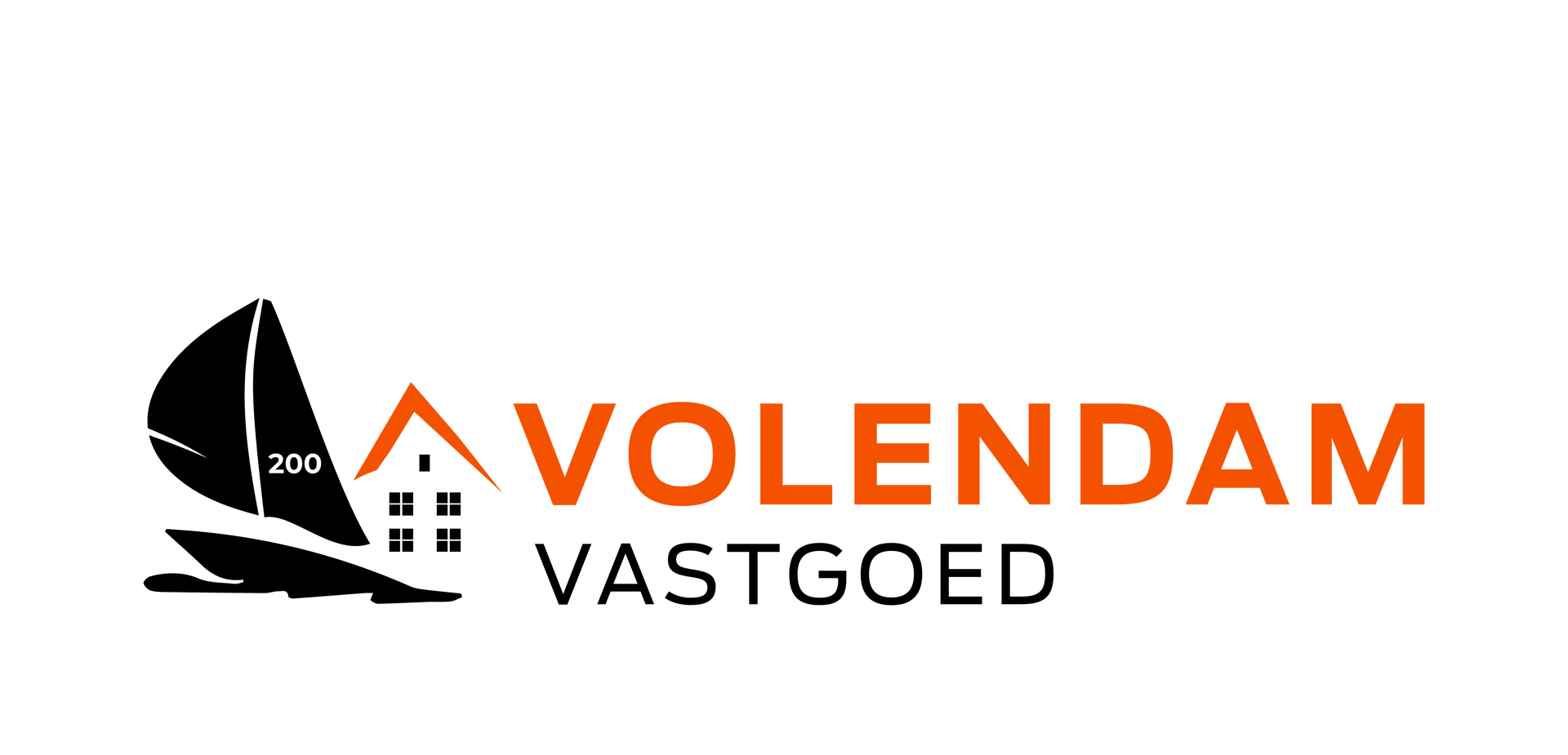 Volendam Vastgoed logo with black sailboat icon and orange house roof
