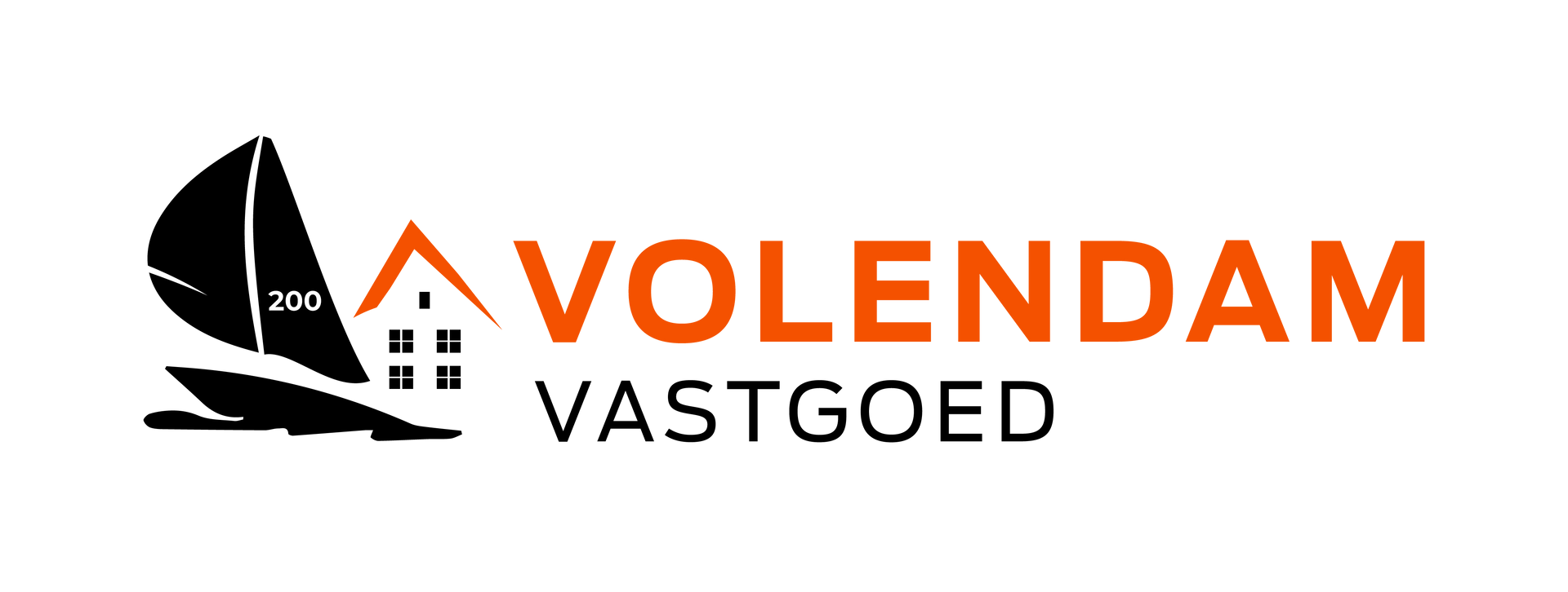 Volendam Vastgoed logo met zwarte zeilboot en oranje huisdak icoon op witte achtergrond