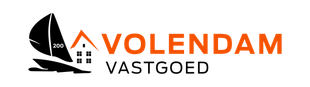 Volendam Vastgoed logo met zwarte zeilboot en oranje huispictogram, oranje en zwarte tekst op een witte achtergrond