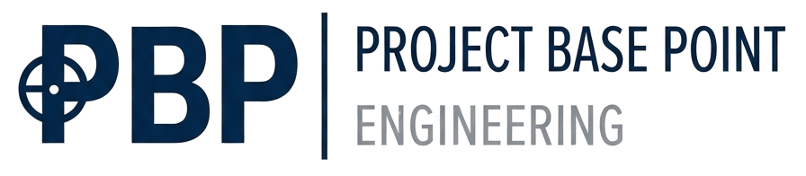 Het logo van Project Base Point Engineering in blauwe en grijze tekst met gestileerde initialen PBP.