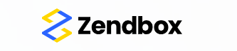 Zendbox-logo met zwarte tekst en een blauw-geel geometrisch pictogram op een witte achtergrond.