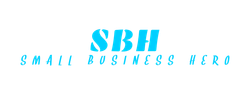 The logo for sbh small business hero is blue and white.