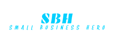 Small Business Hero The logo for sbh small business hero is blue and white.
