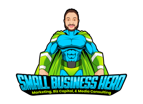 Small Bsuiness Hero your Marketing, Biz Capital & Media Consulting A logo for small business hero marketing biz capital and media consulting