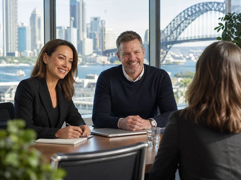 TPG Directors Lily Waller and Chris Tipper in a meeting overlooking Sydney Harbour Bridge