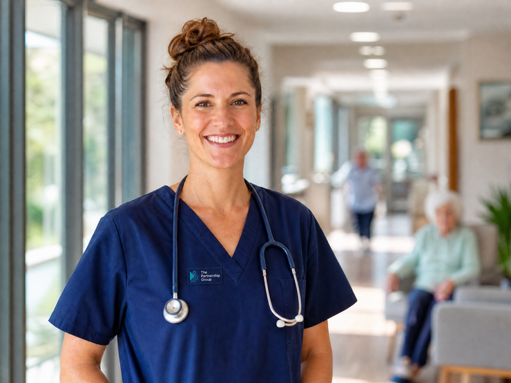 Registered nurse in TPG navy scrubs with residents in an Australian aged care home