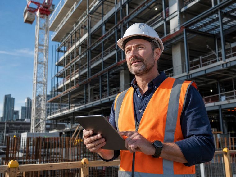 Construction project manager in hard hat and hi-vis reviewing plans on a commercial site