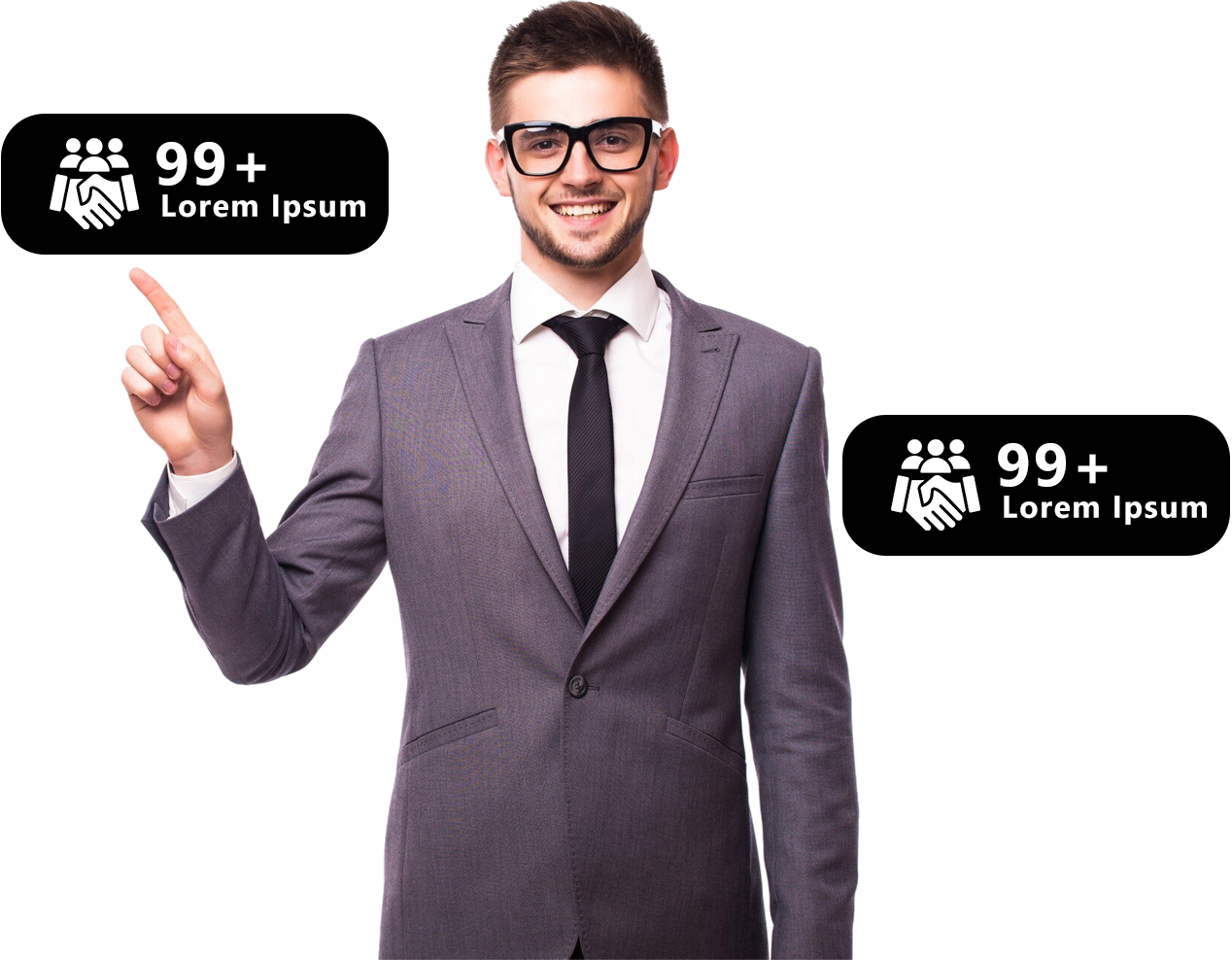 Smiling man in a gray suit presenting two black info bubbles with icons and “99+ Lorem Ipsum” text