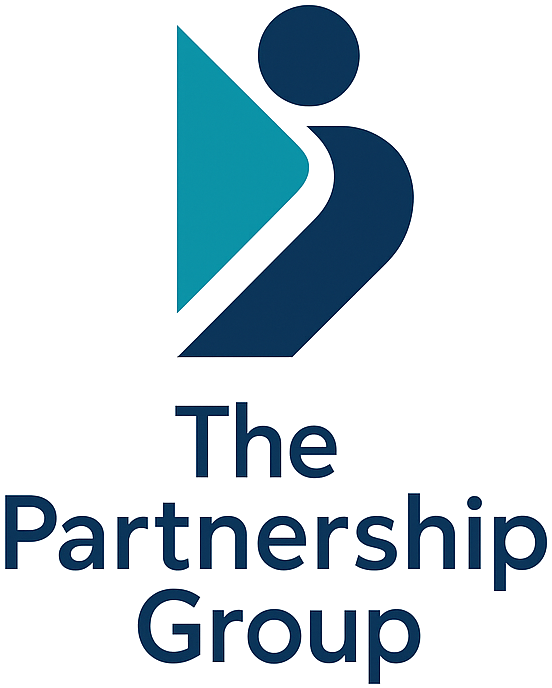 The Partnership Group logo with teal and navy abstract figure and text