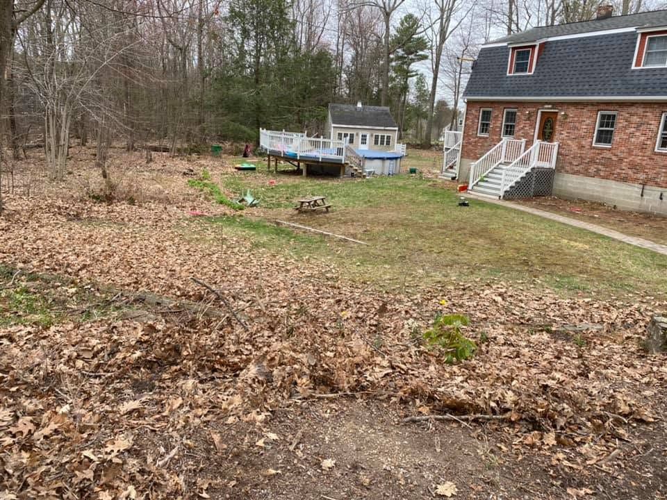 Backyard with a brick house, small deck, and wooded area covered in fallen leaves
