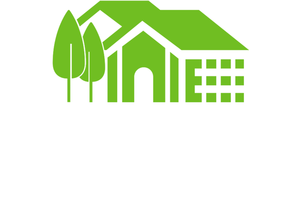 SourceOne Property Maintenance Green eco-friendly house icon with trees and solar panels