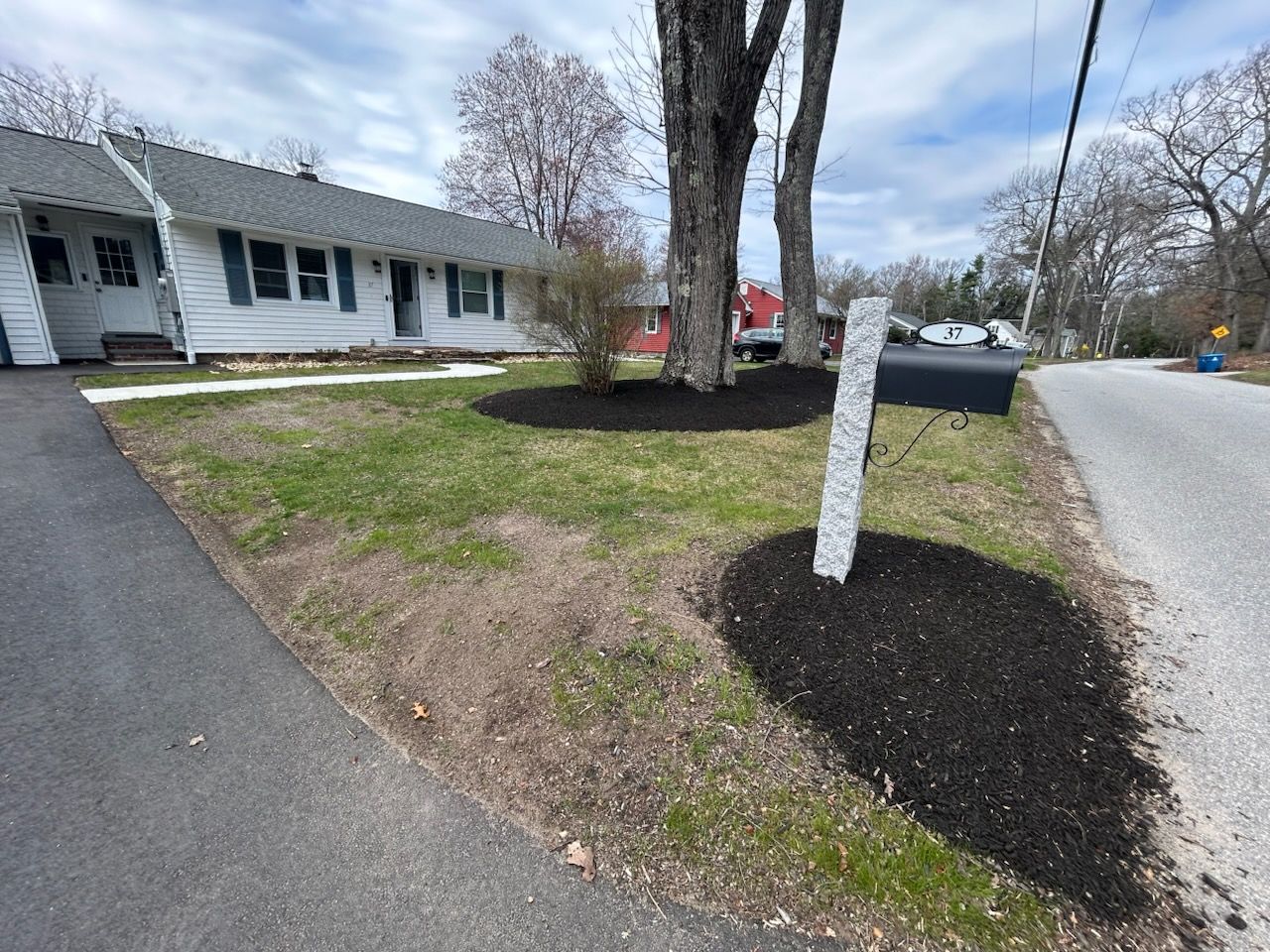 Residential front yard with white house, trees, driveway, and a street curb on a cloudy day