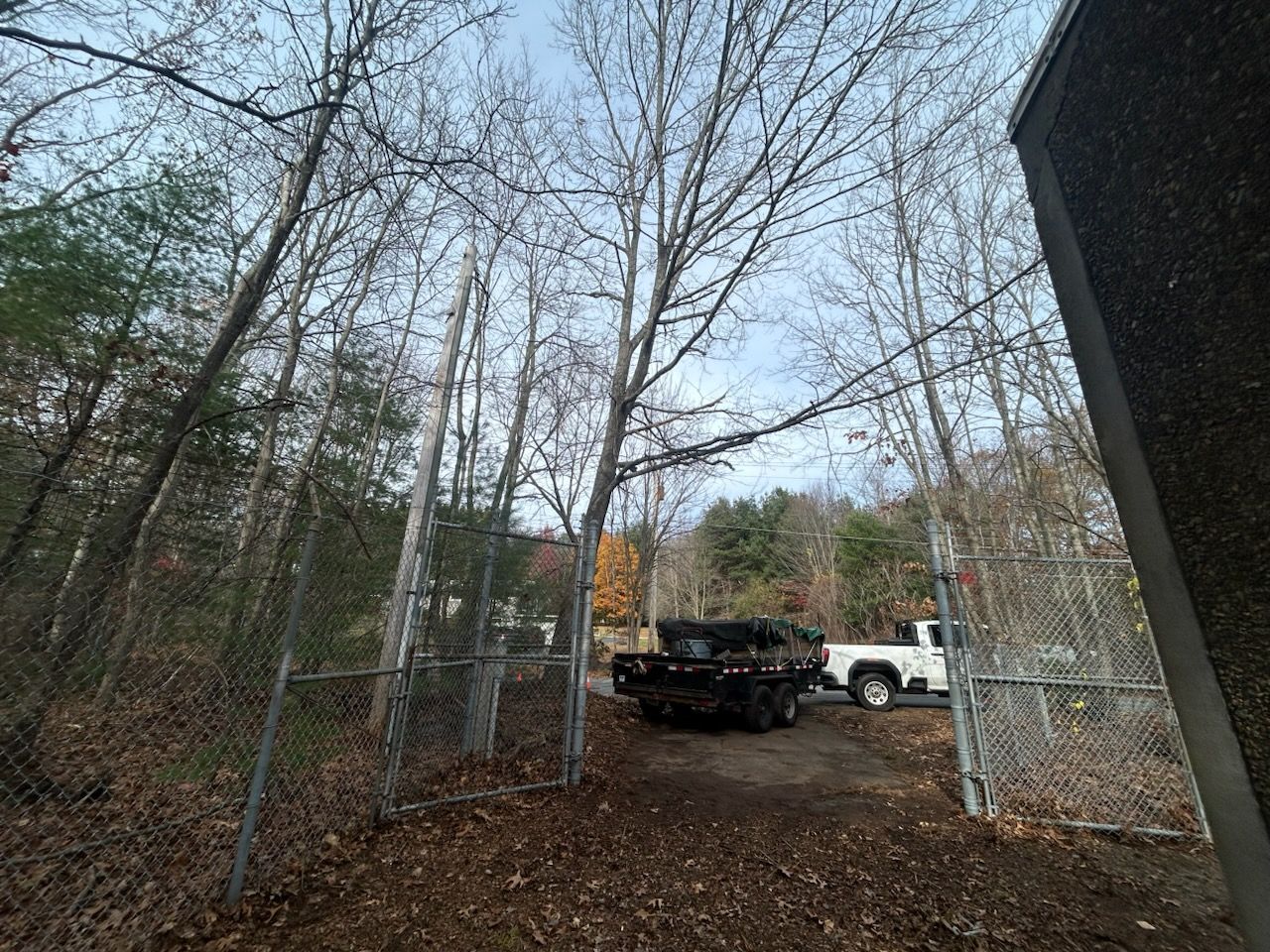 Chain-link gate opening to a wooded lot with a black truck and white van parked inside